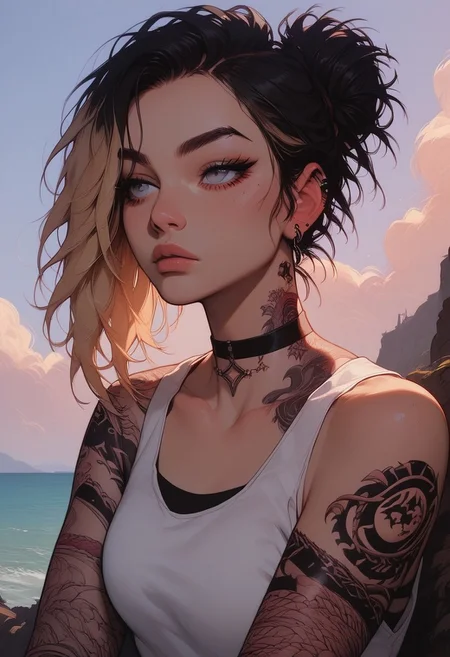 Score_9, Score8_up, Score_7_up, (((High Resolution, Best Quality))), 
1girl, solo, Covered in Tattoos, her hand on her head, brushing hair behind ear, black hair, blonde highlight in hair, 
Tanktop, cutoff, choker, 
On a Cliff overlooking a beach, Cloudy Sky,