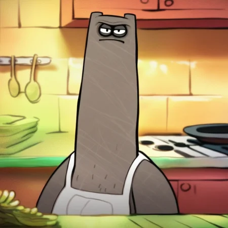 score_9_up, score_8_up, score_7_up, high quality, detailed, source_cartoon, male, solo male, 1boy, broad shoulders, mature male, black eyes, chubby, muscle gut, grayish brown body, muscular male, cartoon style, athletic build, anthro, long neck, rock monster, bottom heavy, white apron, looking at viewer, bust shot, kitchen, high quality