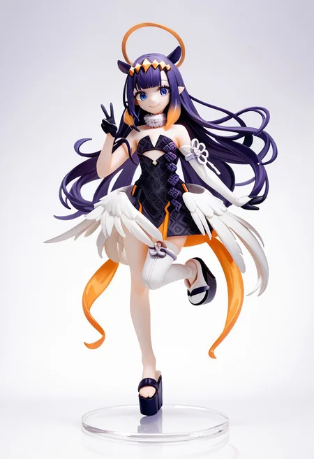 source_anime, score_9, score_8_up, score_7_up,
gradient background, 
full body, smile, hand up, v,
<lora:ninomae_inanis_pony_v1ep08a03:1>
inaDefault, long hair, purple hair, tentacle hair, center-flap bangs, headpiece, halo, pointy ears, blue eyes, mole under eye, [[low wings]], 
fur-trimmed collar, bare shoulders, strapless dress, cutout above navel, detached sleeves, asymmetrical sleeves, half gloves, black gloves, asymmetrical legwear, single thighhigh, platform footwear,