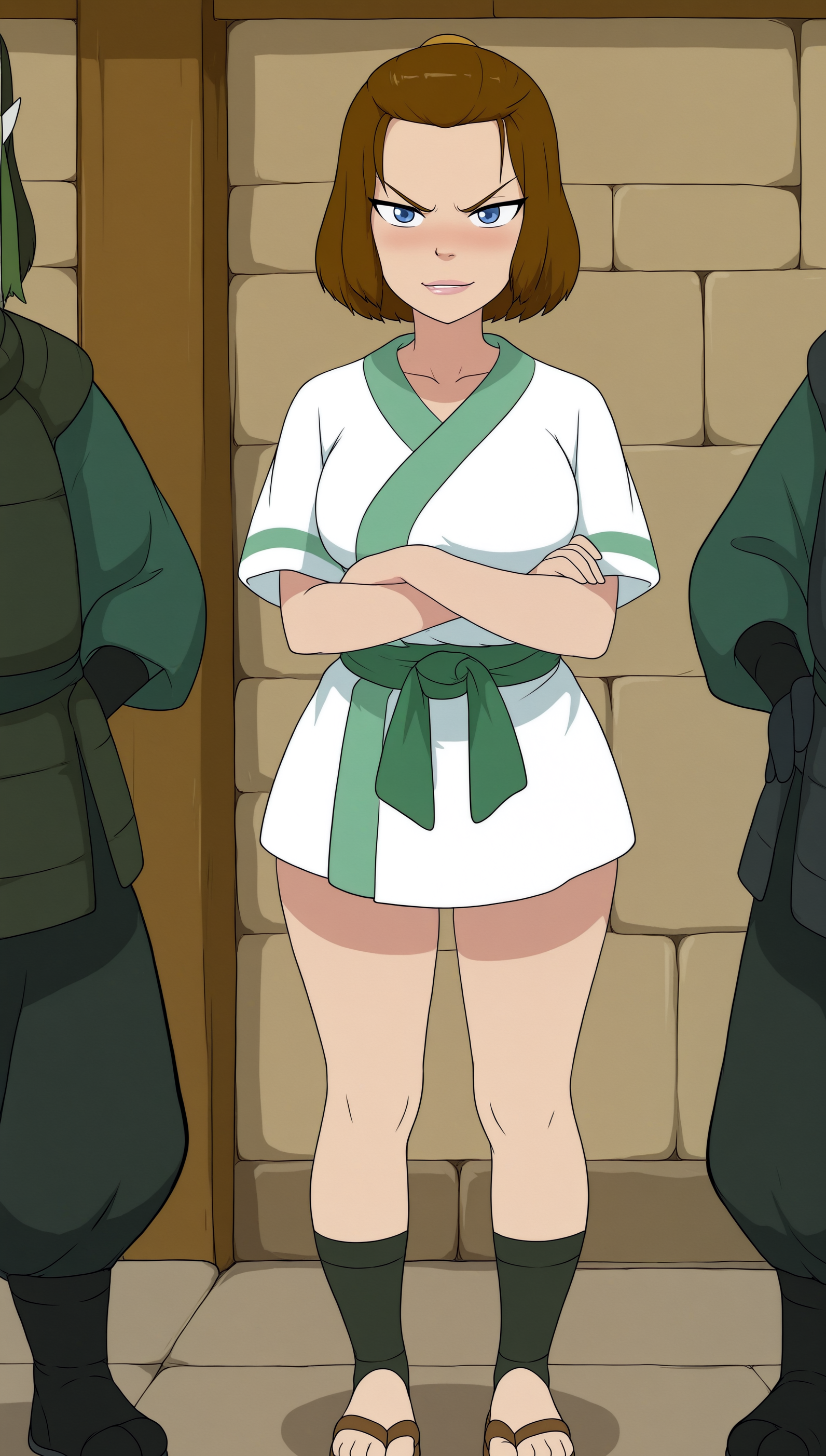 masterpiece, anime coloring, newest,  Avatar Suki, looking at viewer, smile, solo focus, crossed arms, full body, outdoors, blush, tsundere,  <lora:JN_Avatar_Suki_Illus:0.8>