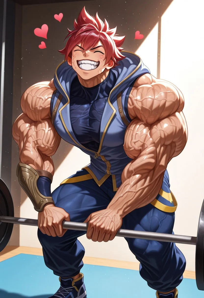 masterpiece, best quality, amazing quality, very aesthetic, absurdres, intricate details, five digits
, solo, 1boy, male focus, muscular male,clenched teeth, thick arms, weightlifting, exercise, veiny body, veiny arms, veiny neck, veiny face,
, <lora:nb-c_v2_IL-000025:1>,1boy, male focus, solo, closed eyes, smile, open mouth,heart emotes,anime, volumetric lighting, day, light particles,flexing,hulking out, muscular,torn clothes, roaring,hyper muscles growth, hyper muscles bigger,Ten, red hair, black eyes, dark blue sleeveless turtleneck shirt, blue sleeveless hoodie, right arm tattoo, left arm single vambrace, blue baggy pants, black-blue shoes