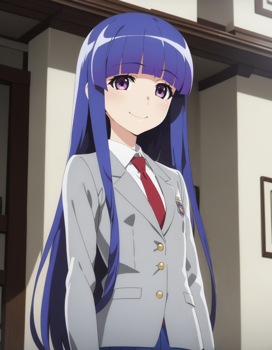 1girl,
<lora:furuderikaXL1:0.8>,furuderika,
long hair, purple eyes, blue hair,blunt bangs,blazer,skirt, necktie,
smile,
(flat chest:1.2),
masterpiece, best quality, ultra detailed, highres,4k,(ultra-detailed:1.4) (illustration:0.5), (ray tracing,:0.8),(anime colored:0.7),(ai-generated:0.5), (anime screencap:1.2),