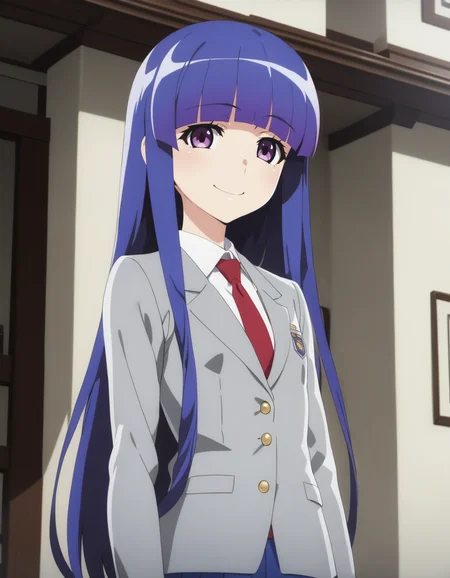 1girl,
<lora:furuderikaXL1:0.8>,furuderika,
long hair, purple eyes, blue hair,blunt bangs,blazer,skirt, necktie,
smile,
(flat chest:1.2),
masterpiece, best quality, ultra detailed, highres,4k,(ultra-detailed:1.4) (illustration:0.5), (ray tracing,:0.8),(anime colored:0.7),(ai-generated:0.5), (anime screencap:1.2),