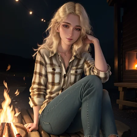 CaY a woman about 25 years old, (wearing flannel shirt and blue jeans), (shirt slightly unbuttoned), (medium length shaggy hair), (blonde hair), dyed hair, medium length hair, pale skin, (brown eyes), elegant, she is smiling, ((at dusk with dark evening sky)), face lit by firelight, ((sitting next to a campfire)), ((cabin in the background)), beautiful, masterpiece, studio lighting, best quality, (detailed face, detail skin texture, ultra-detailed body) (photorealistic), ((full body view)) <lora:CaY:.85>