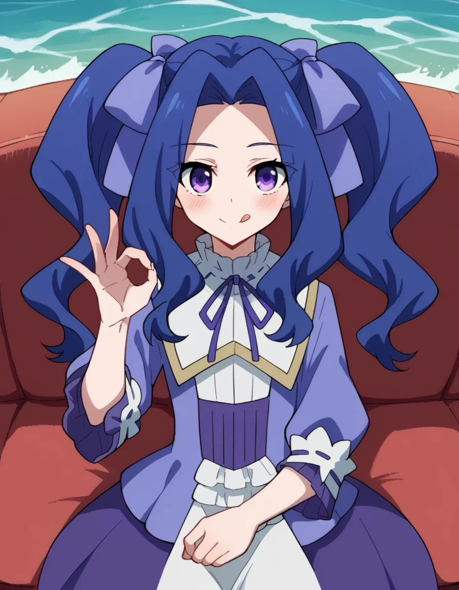 score_9, score_8_up, score_7_up, source_anime, <lora:melty-q-melromarc-s1-ponyxl-lora-nochekaiser:1>, melty q melromarc, long hair, ribbon, twintails, blue hair, purple eyes, hair ribbon, purple ribbon, parted bangs,, long sleeves, dress, frills, ribbon trim, purple dress,, ocean, waves, saltwater, fish, vast, smile, <lora:money-gesture-ponyxl-lora-nochekaiser:1>, money gesture, blush, sitting, couch, arm support, smile, tongue out, knee up, from above, looking at viewer, solo,, dutch angle, cowboy shot