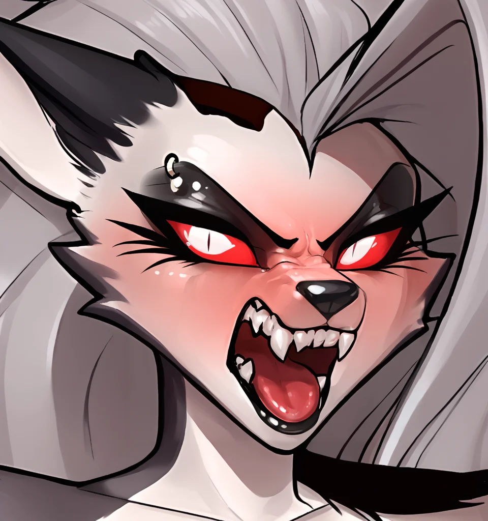 score_9,score_8_up, loona \(helluva boss\), looking at viewer, open mouth, red eyes, teeth, tongue, fangs, piercing, sharp teeth, close-up, furry female, nose piercing, blush, colored sclera, body fur, angry, wrinkled snout, <lora:Loona_elz_3_minimal:1.0>