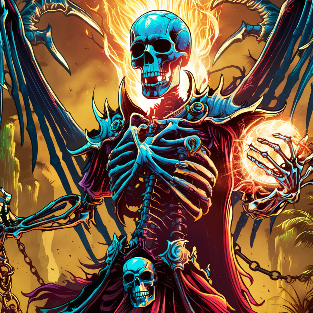 professional 3d model breathtaking anime artwork skeleton warrior mage casting firespell wearing tethered robe and partial chain armor, cracked skull, exposed brain, horrible terror, gore, blood,   in jungle by  dnmumfrd <lora:dan_mumfordv04:1>  cornell box . anime style, key visual, vibrant, studio anime, highly detailed . award-winning, professional, highly detailed . octane render, highly detailed, volumetric, dramatic lighting