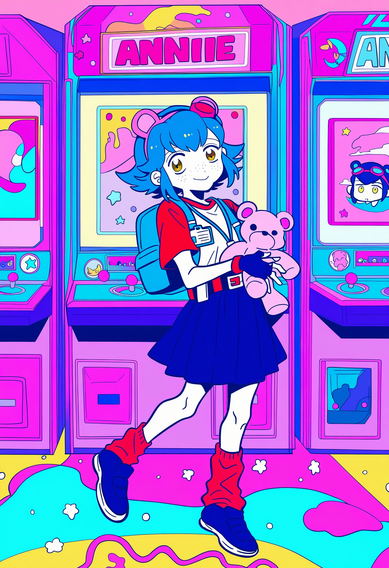 (masterpiece:0.7) scenery,hiyari \(hiyarilol\), 
annie \(league of legends\),  annie-versary, league of legends, 1girl, solo, looking at viewer, smile, short hair, bangs, skirt, shirt, gloves, hat, animal ears, brown eyes, closed mouth, blue hair, standing,  full body, yellow eyes, white shirt, short sleeves, red socks, red shirt, pleated skirt, hairband, open  shoes, black gloves, socks, belt, fingerless gloves, black skirt, bag, multicolored shirt, black footwear, fake animal ears, stuffed toy, backpack, stuffed animal, goggles, freckles, purple skirt, goggles on head, teddy bear, id card, bear ears, goggles on headwear, holding teddy bear, 
arcade cabinet, 1990s \(style\), colorful carpet, limited palette,