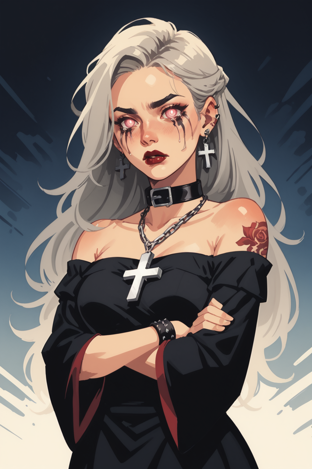 1girl, jewelry, tattoo, solo, cross, earrings, long hair, looking at viewer, arm tattoo, collar, necklace, bare shoulders, off shoulder, parted  upper body, cross earrings, off-shoulder shirt, chain, pink eyes, cross necklace, shoulder tattoo, runny makeup, red  inverted cross, shirt, wide-eyed, makeup, black shirt, white hair, crossed arms, latin cross eyelashes, tears, flower tattoo, dress, red eyes, choker, breasts, parted bangs, black dress, neck tattoo, symbol-shaped pupils, goth fashion, lipstick, blonde hair, crying with eyes open, bracelet, long eyelashes, long sleeves, grey hair, belt collar, crying, black collar, forehead, mascara, wide sleeves, scar, off-shoulder dress, scar across eye, wristband, pale skin, hand tattoo, glowing eyes, teeth, eyeshadow, medium breasts, collarbone, sanpaku, ear piercing, piercing,, zPDXL3,  PnyCmicXLPOS, detailxl,  (lineless, vector art:1.5)
