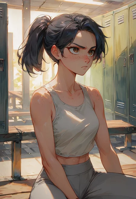 score_9, score_8_up, score_8,
gym, cold lighting, volumetric lighting, girl sitting on a bench right next to lockers
BREAK
1girl, 28 year old girl, cute, freckles, brown eyes, short wavy black hair, medium round breasts, ponytail, lean, athletic, (red hair tie:0.5), sitting on the bench, pure white tanktop, grey yoga pants, legs spread wide, arms laying relaxed on her legs, white towel in the bench, looking up at someone out of frame, stern expression
BREAK