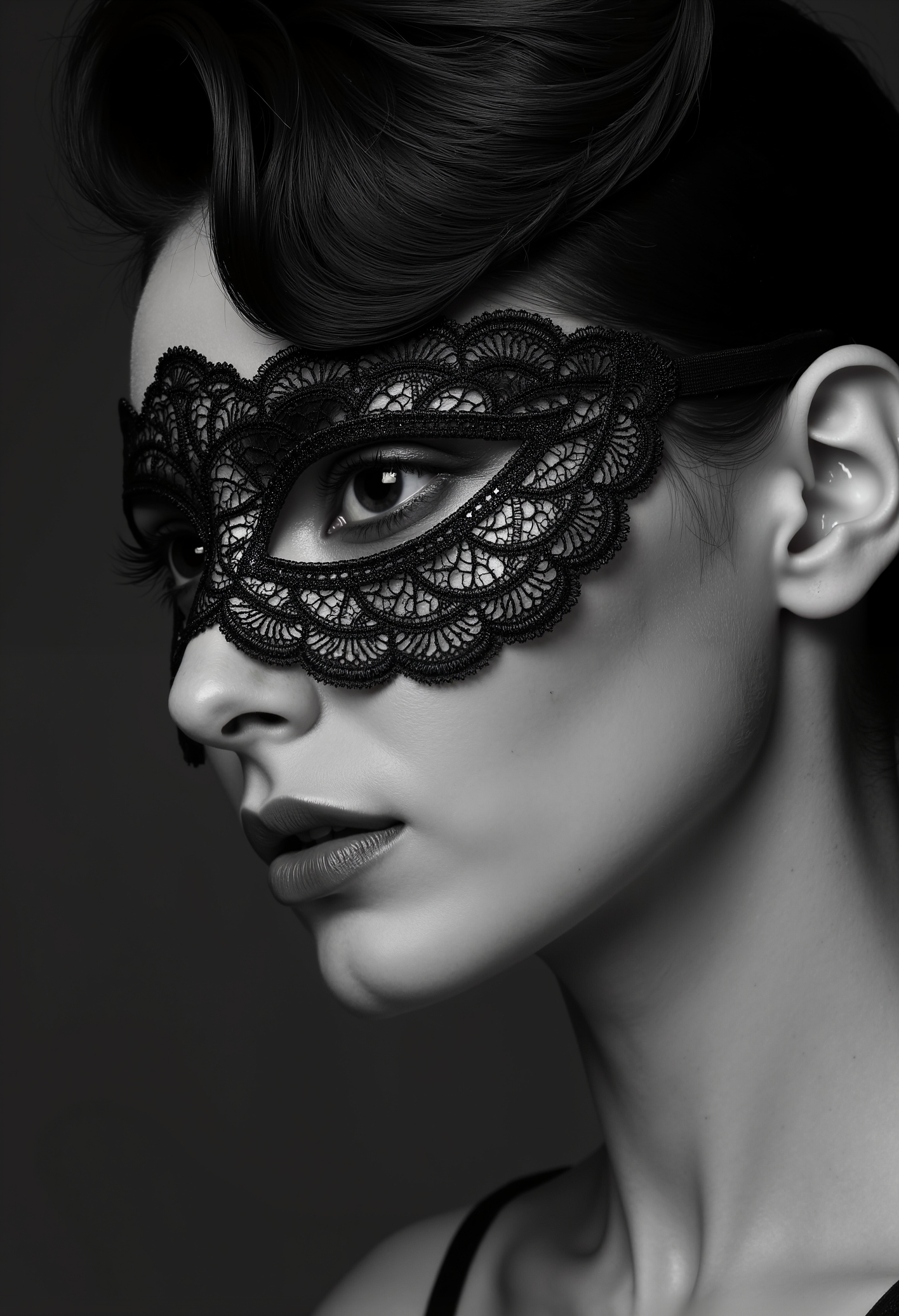 Close-up of a woman with vintage hairstyle and classic makeup, shot in black and white, high contrast lighting, monochrome scheme, clo012, wearing a black lace eye mask with delicate, symmetrical patterns, side view