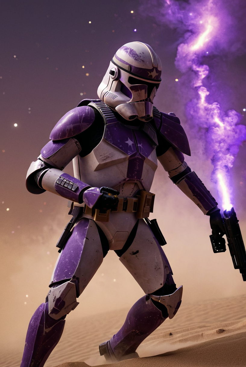 7-Phase2, 1boy, sneaking, dual wielding guns, military, explosions, detailed weapon, shoulder armour, pistols
night time, stars, nebulas, desert, bones, black sand, windy, dust storm, purple armour
[strong lighting, cinematic masterpiece, highly detailed armour,  realistic armour, legendary, hyperrealism]
  <lora:Clone Armour Phase 2 v1.0:0.9>