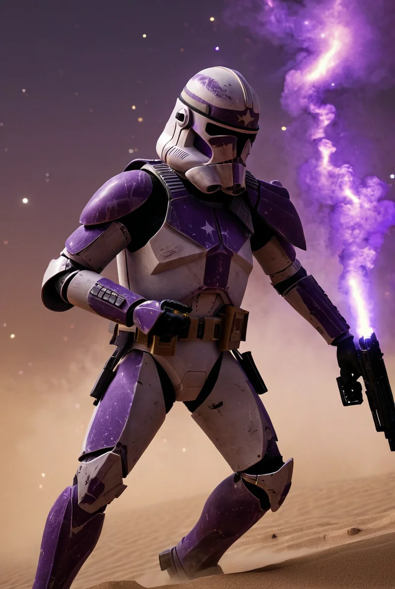 7-Phase2, 1boy, sneaking, dual wielding guns, military, explosions, detailed weapon, shoulder armour, pistols
night time, stars, nebulas, desert, bones, black sand, windy, dust storm, purple armour
[strong lighting, cinematic masterpiece, highly detailed armour,  realistic armour, legendary, hyperrealism]
  <lora:Clone Armour Phase 2 v1.0:0.9>