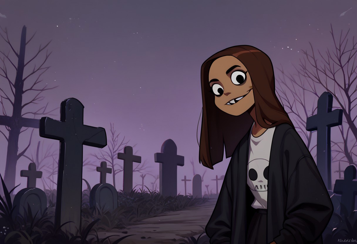 score_9, score_8_up, score_7_up BREAK KimCat, 1girl, long brown hair, tan skin, black eyes, tooth gap, goth fashion, ignoring viewer, night cemetery outdoors, night graveyard, solo, solo focus,