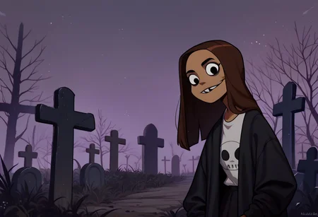 score_9, score_8_up, score_7_up BREAK KimCat, 1girl, long brown hair, tan skin, black eyes, tooth gap, goth fashion, ignoring viewer, night cemetery outdoors, night graveyard, solo, solo focus,