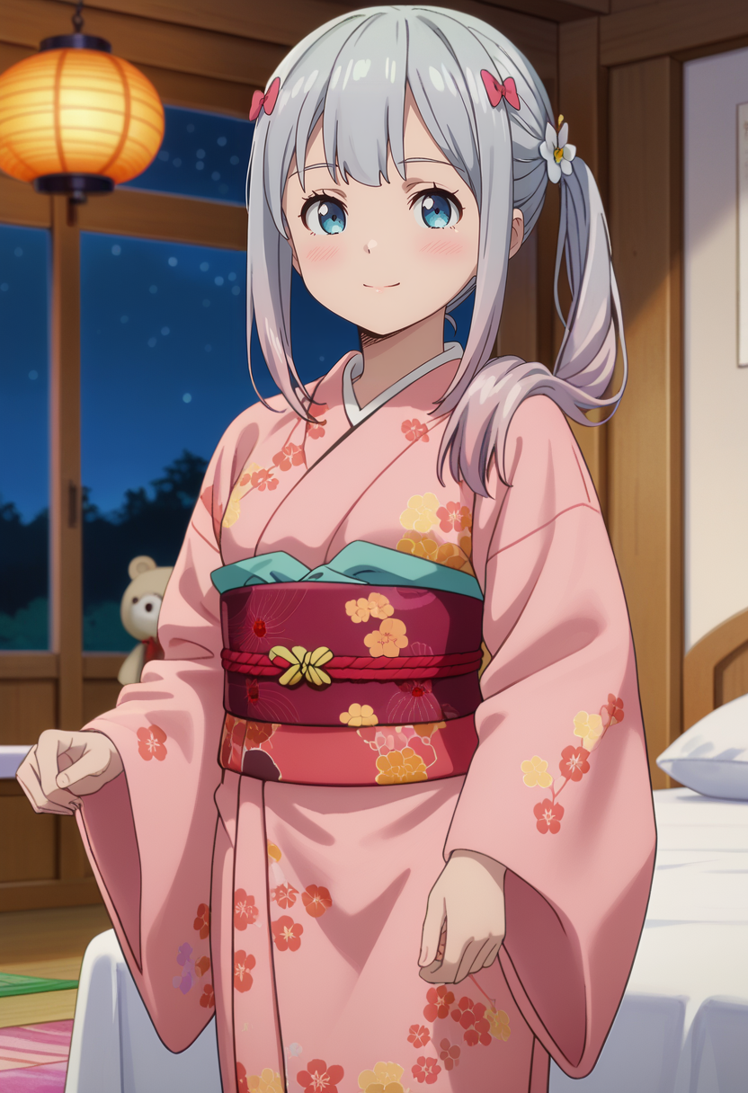 score_7_up, anime screencap,
<lora:EromangaSensei_IzumiSagiriXL:0.9>,
1girl, solo, closed mouth, light smile,
hair over shoulder, side ponytail, multicolored hair, grey hair, blue eyes, hair bow, pink bow, hair flower,
SagiriKimono, print kimono, pink kimono, red sash, 
standing, looking at viewer,
blurry background, night, indoors, bed, stuffed toy