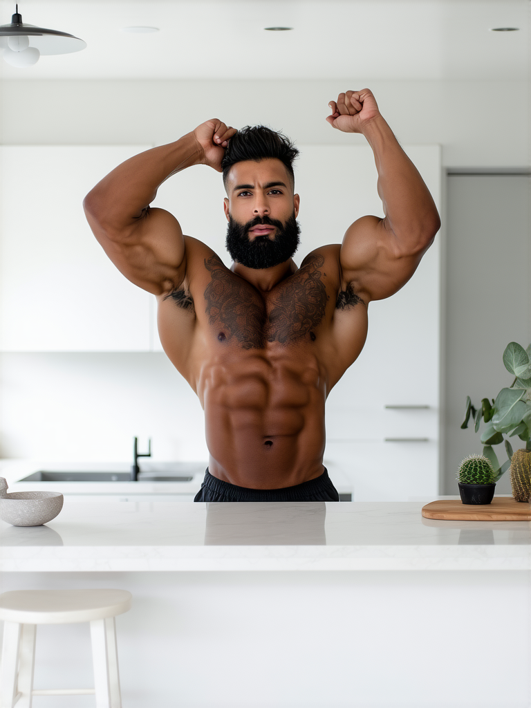 XLAdamBear,a muscular man stands in front of a white countertop, his arms raised in the air. He is striking a pose, with his right arm raised above the countertop. His left arm is raised, while his right hand rests on the counter top. His right arm is bent at the elbow, and his left hand is resting on the edge of the counter. The man's upper body is adorned with a thick beard, adding a touch of greenery to his chest. The backdrop is a stark white wall, with a white door in the background. To the left of the man, a white stool can be seen.
