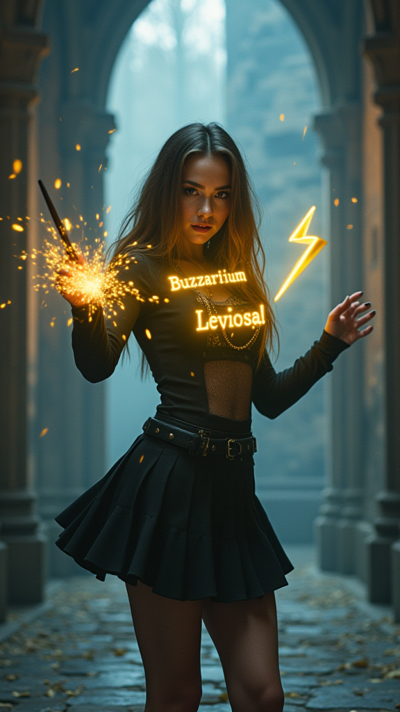 A 21-year-old student from Hogwarts with thick black eyelashes, dark eyeliner, and smoky eyeshadow. Her hair has streaks of neon that glow in contrast to her natural brown locks, creating an ethereal aura. Dressed in a modified Hogwarts uniform with a short skirt, fishnet stockings, and a hint of cleavage, she stands confidently in the misty halls of the castle. With a playful yet determined expression, she waves her wand, casting a spell with the words “Buzzarrium Leviosa!” in glowing yellow letters that spiral around her. A bright yellow lightning bolt symbol, the mark of Buzz, crackles in the air as it materializes. The ambient fog swirls around her, catching the light of her glowing eyes and hair, adding a sense of mystery and enchantment to the scene. The surroundings shimmer with the magical energy of her spell, illuminating the ancient stone walls of Hogwarts, 