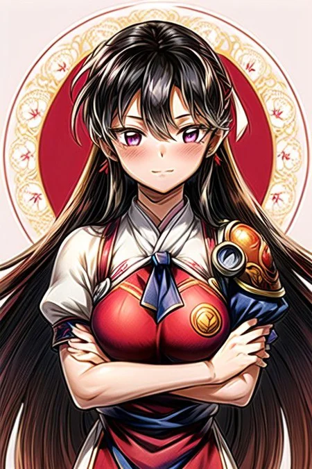best quality 1girl Setsun4 solo long hair, (night time) forest background black hair very long hair purple eyes multicolored hair armor, small, (fur trim) (medium body),<lora:EMS-179-EMS:0.800000>,<lora:EMS-293862-EMS:0.800000> bow, hair_bow, hair_tubes, red_bow, brown_hair, long_hair, bangs, ascot, frilled_bow, yellow_ascot, blush, smile, hair_between_eyes, athletic, armor, miko, ,(((intricate outfit,intricate clothes,embroidered outfit,ornate outfit,embroidered clothes,ornate clothes))), strengthmda, crossed arms,