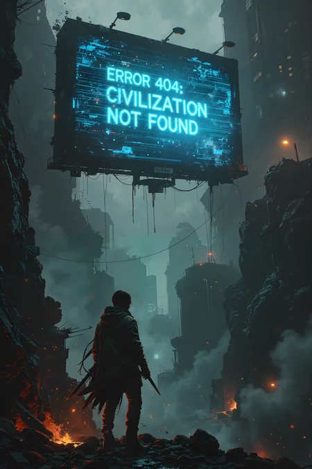 At the edge of a crumbling, floating city suspended over an abyss of swirling mist, a rogue with a cybernetic eye glares at a holographic billboard crackling with interference. The sign hovers just above the cityâs last standing bridge, its glitching blue text flashing "Error 404: Civilization Not Found". The rogueâs tattered coat flutters in the high-altitude winds, the neon glow from the sign reflecting off the twin daggers strapped to their back. Beyond the bridge, jagged skyscrapers hover in midair, held aloft by flickering anti-gravity fields that pulse like dying stars. The rogueâs augmented eye scans the message, decoding hidden symbols buried beneath layers of digital corruption. Below, the abyss stretches endlessly, an ocean of shadow where the remnants of fallen buildings drift aimlessly like ghost ships. The wind carries the sound of distant sirens, though no police force has patrolled this dead city in years. The rogue exhales sharply, watching as a single letter in the signâs message shifts and blinksâa subtle but deliberate change, as if someone unseen is rewriting history in real time. , detailed background Fantastic lighting. Detailed shadows.intricate details, vivid colors, hyper-detailed, ultra-sharp, , , <lora:Luminous_Shadowscape-000016:0.4><lora:black_fantasy_1.0:0.4><lora:Glitchcore_Flux:0.4><lora:- Flux1 - vanta_black_V2.0:0.4>