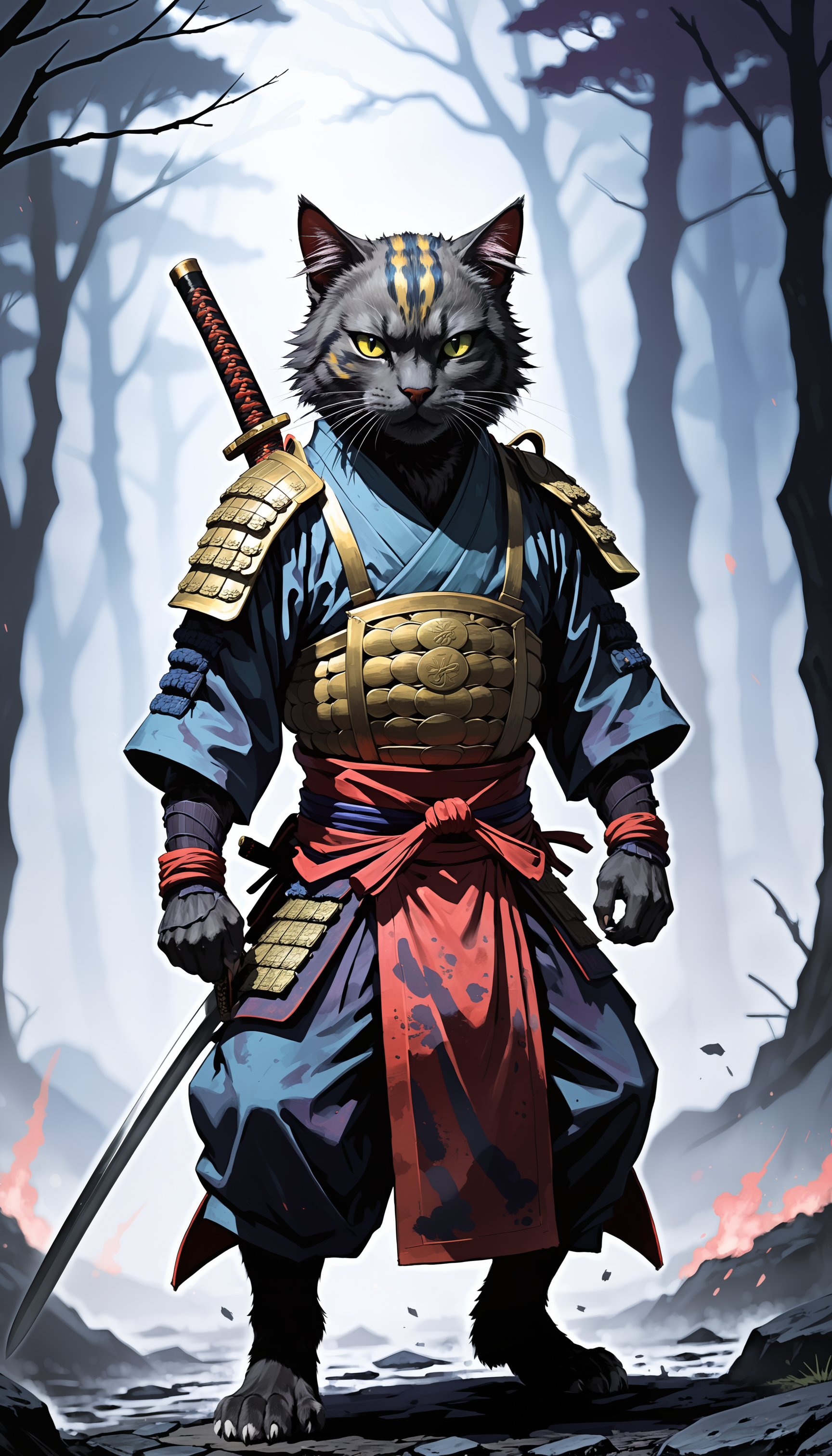(drawing:1.3),a samurai cat, battlefield, (anime art), 2D, colorful, dark atmosphere