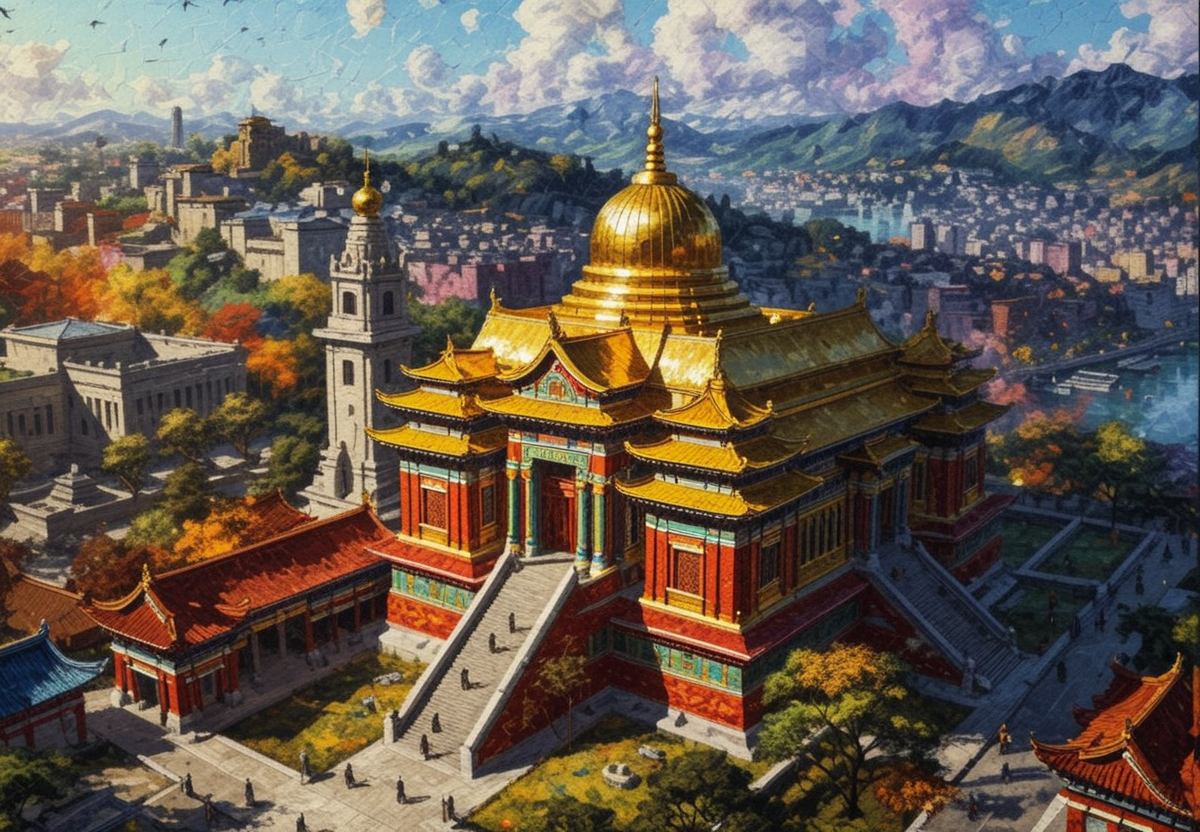 (epic:1.2), trending on artstation, (high quality:1.2), (masterpiece:1.2), high details, incredibly absurdres, colorful), (quirky:1.21), (mystical:1.24), (psychedelic:1.36), (Pop Art:1.21), (Fauvism:1.24), (Neo-Impressionism:1.21), (quilting:1.25), (embroidery:1.25), (parchment:1.29), (Mike Judge Style:1.33), (drone_view:0.56) (higher_angle:1.16) ,, (location:(temple:1.31)),(color scheme:(vignetting:1.14)),