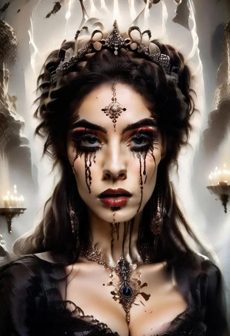 concept art, realistic, dark theme, low light. 1girl, solo, 18 years old, dvr-gs.
Gorgeous sexy female. Beautiful feminine face, Long  hair. 
((TearsMakeUp)).
(Big breast:1.2), (Round breast:1.5).