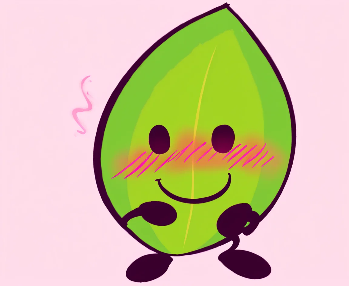 Battle_For_Dream_Island, leafy_(bfdi), animate_inanimate, object, blush, blush_lines, standing, facing viewer, suggestive expression, not_furry, solo, simple_background, smile, white background, soft colors, good quality, great quality, not_furry, <lora:BFDI_NSFW_LORA_v1:1>