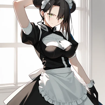 <lora:Takeuchi_Takashi_PonyXL_style_v01:1>
<lora:agent.pony:1>
score_9 , score_8_up , score_7_up , source_anime , 
masterpiece , best quality , ultra-detailed , 
BREAK
agent \(girls' frontline\), maid
1girl , woman , huge breasts , light smile , light blush , ((medusa (fate)):0.5)  , 
long black hair  , maid dress ,  
arm up