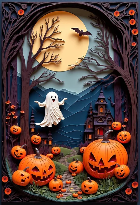 This paper quilling, layered paper piece features a cute ghost and a bat floating and dancing over large grinning jack-o-lanterns in a moonlit forest, with an elegant, serene atmosphere highlighted by the soft glow of the moon, and framed with artistic trees. The paper texture is strong, and color scheme is orange, red, black, purple, navy blue, brown, and dark green.