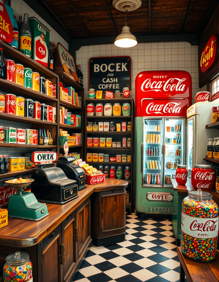 A vintage 1950s grocery store filled with nostalgic details. Wooden shelves neatly stocked with classic canned goods, glass soda bottles, and colorful retro packaging. An old-fashioned cash register sits on the wooden counter, next to a small scale for weighing produce. The checkered black-and-white tile floor adds to the mid-century charm, while hand-painted signs on the walls advertise milk, bread, and coffee in bold, retro fonts. A display of penny candy in glass jars sits near the entrance, and a vintage Coca-Cola refrigerator hums in the background. Soft, warm lighting casts a nostalgic glow over the scene, enhancing the rich textures of wood, glass, and metal, capturing the essence of a bygone era.
<lora:SDXLFaeTastic2400:0.4> <lora:extremely_detailed:0.4> extremely detailed
 <lora:1950s_grocery_st0r3:1>,1950s grocery st0r3, Masterpiece,best quality,hi res,8k,hi res,8k,award winning,(sharp focus, intricate, highly detailed),