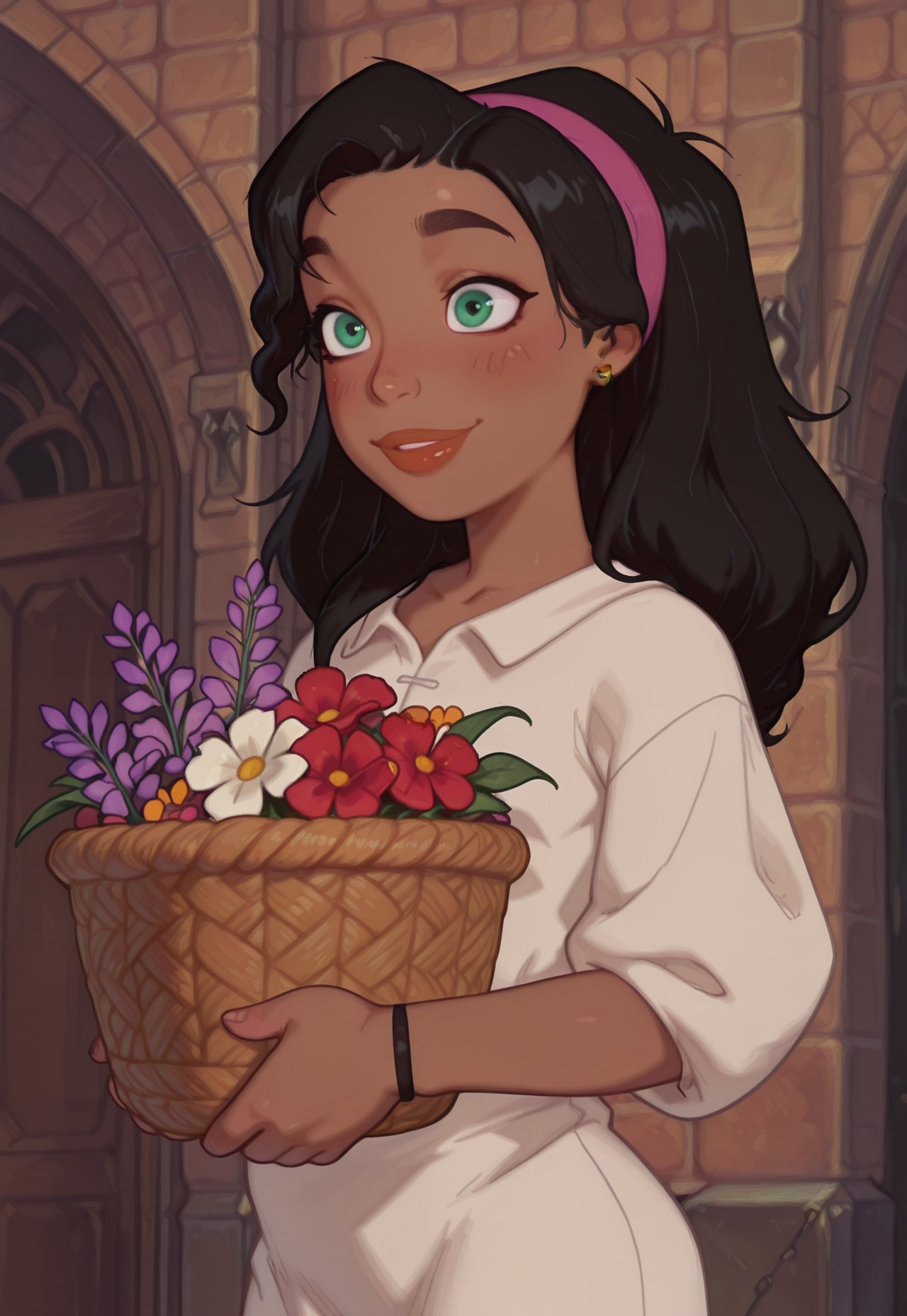 4k, fine detail, high quality eyes, masterpiece, best quality, amazing quality, geh1, 4s0r4, eigaka, possmach, artist:moriimee, 1 girl, solo girl, young, 3sm3r4ld4, black hair, long hair, hair band, green eyes, earrings, thick lips, dark-skinned female, peasant dress, basket of flowers, holding a basket of flowers, sincere smile, laughter, blush, medieval market background, upper body,