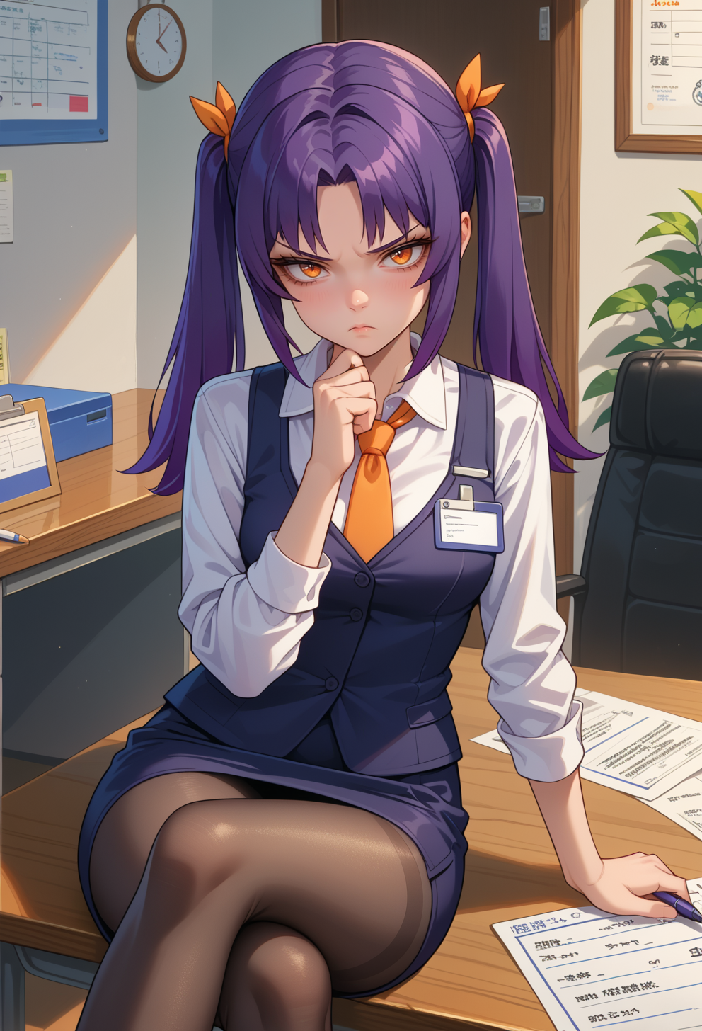 score_9, score_7_up, source_anime, BREAK <lora:AESjal:0.7> AESjal, orange eyes, long hair, purple hair, sidelocks, twintails, hair ribbon, orange ribbon, bored, dress shirt, necktie, pencil skirt, pantyhose, holding pen, office lady, clipboard, sitting on desk, crossed legs, hand rest, pout, hand on own chin,