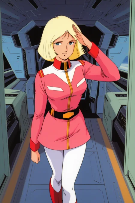 masterpiece, best quality, amazing quality, absurdres, saylamass79, blonde hair, solo, smile, salute, looking at viewer, pink military uniform, large breasts, white pants, red boots, indoors, spacecraft, science fiction, retro artstyle