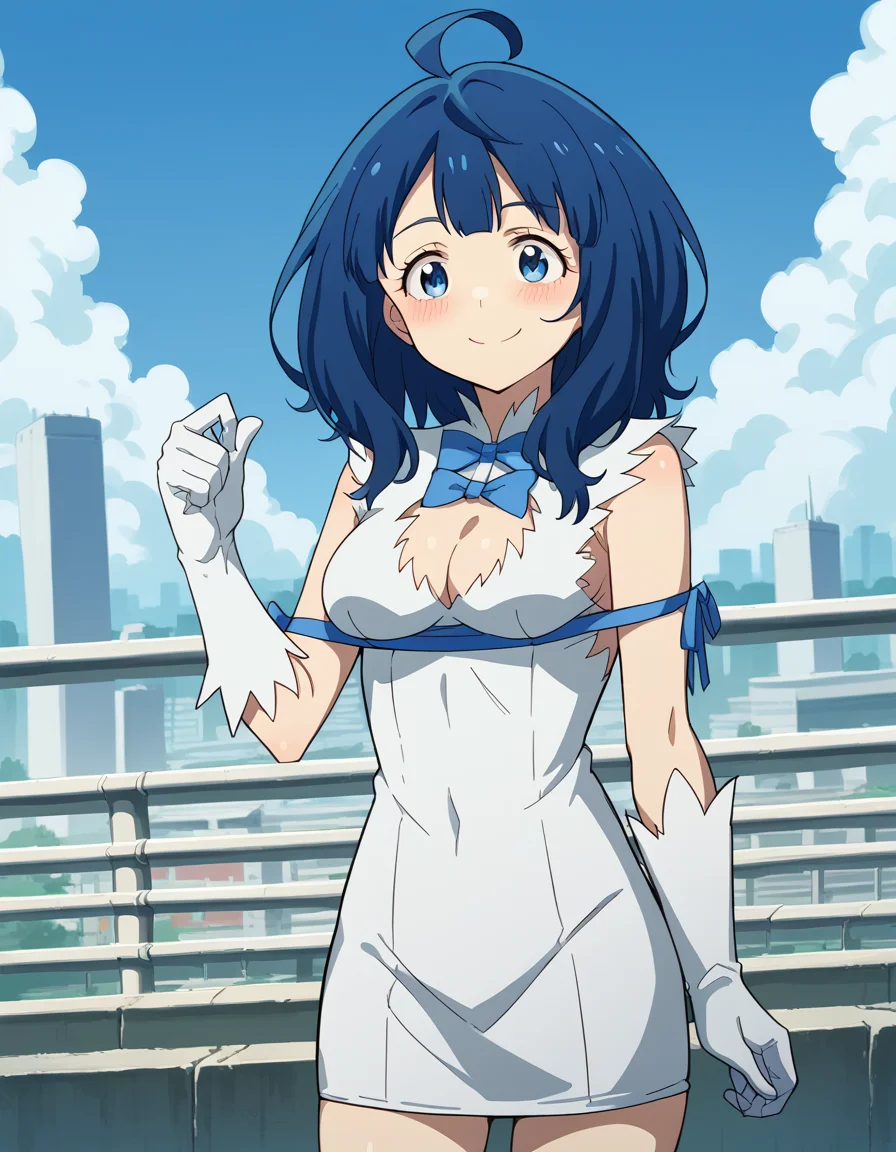 score_9, score_8_up, score_7_up, source_anime, <lora:anna-yanami-s1-ponyxl-lora-nochekaiser:1>, anna yanami, medium hair, blue eyes, ahoge, blue hair, medium breasts, <lora:hestia-cosplay-ponyxl-lora-nochekaiser:1>, hestiacosplay, hestia (danmachi) (cosplay), blue bow, blue bowtie, bow, bowtie, cleavage, cleavage cutout, clothing cutout, dress, gloves, pencil dress, rei no himo, short dress, white dress, white gloves, blue ribbon, arm ribbon,, outdoors, cityscape, street, smile, blush, , cowboy shot, dutch angle