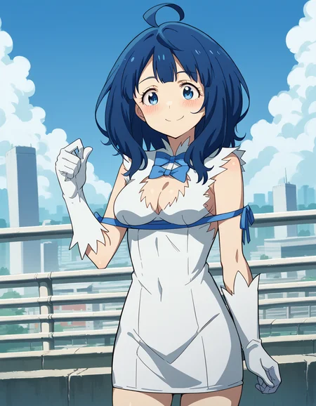 score_9, score_8_up, score_7_up, source_anime, <lora:anna-yanami-s1-ponyxl-lora-nochekaiser:1>, anna yanami, medium hair, blue eyes, ahoge, blue hair, medium breasts, <lora:hestia-cosplay-ponyxl-lora-nochekaiser:1>, hestiacosplay, hestia (danmachi) (cosplay), blue bow, blue bowtie, bow, bowtie, cleavage, cleavage cutout, clothing cutout, dress, gloves, pencil dress, rei no himo, short dress, white dress, white gloves, blue ribbon, arm ribbon,, outdoors, cityscape, street, smile, blush, , cowboy shot, dutch angle