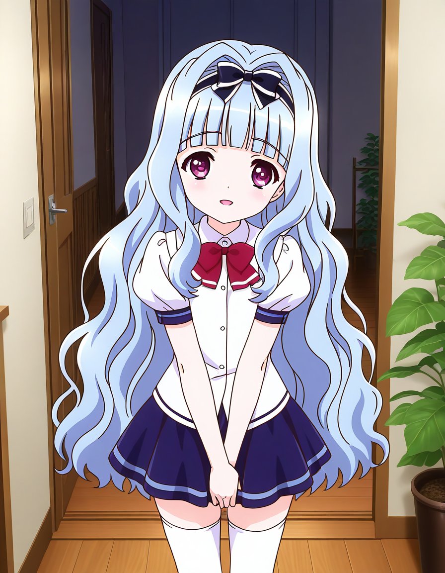general,highres, ultra-detailed,very aesthetic,best quality ,best hands,  BREAK <lora:Watayuki_BP_IS:1>Watayuki(BP), 1girl,solo, hairband, very long hair, hair bow, purple eyes,  hair intakes, light blue hair, blunt bangs, wavy hair,
thighhighs, school uniform, skirt, white thighhighs, bow, zettai ryouiki, ribbon, blue skirt, light smile, v arms,
short sleeves, shirt, open mouth,  white shirt, puffy sleeves, looking at viewer, miniskirt,
home in the room, flooring, plant,