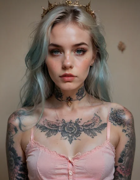 score_9, score_8_up, a beautiful g0th siren queen portrait, pastel goth, tattoos
