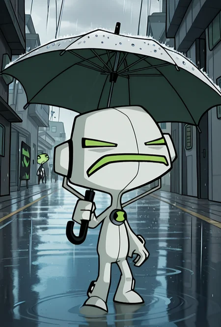 <lora:echoecho-10:1> echoecho, male focus, , no humans, white bodysuit, green eyes, green mouth, <lora:Invader_Zim_Style:1> invader_zim_style, in the rain, holding umbrella, closed mouth, frown mouth, detailed background, neighborhood, masterpiece, best quality, amazing quality, very aesthetic, absurdres, newest,