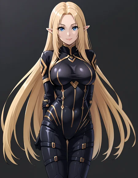 <lora:Alpha:1>Alpha_Eminence, 1girl, looking at viewer, black bodysuit, breasts, smile, gloves, simple background, hands behind back