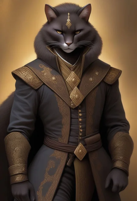 Fit, tabaxi, male, Uniform, dancer, elegant, commanding, leader, solid darker fur, calm