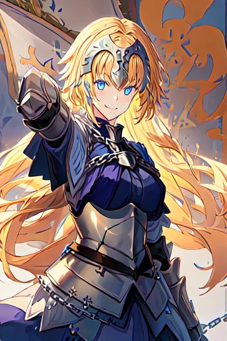 solo, 1girl, solo_focus,
jeanne_d_arc_fgo, blonde_hair, long_hair, blue_eyes, breasts, very_long_hair, headpiece, smile, braid, gauntlets, single_braid, large_breasts, bangs, chain