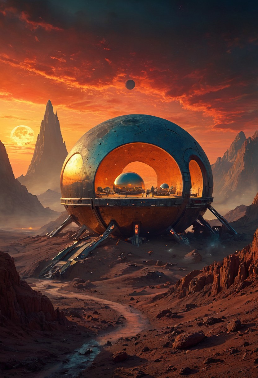 ultra HD, high quality, 4K, score_9, score_8_up, score_7_up, photo , realistic, vibrant surreal painting, landscape of a futuristic sci-fi moon base, gleaming metals and ceramics, domes, cratered environment, dusty, thin haze, sunset, Cinematic Shot, Cinematic Lighting, detailxl, flux-style, midjourneyv6.1