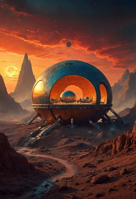 ultra HD, high quality, 4K, score_9, score_8_up, score_7_up, photo , realistic, vibrant surreal painting, landscape of a futuristic sci-fi moon base, gleaming metals and ceramics, domes, cratered environment, dusty, thin haze, sunset, Cinematic Shot, Cinematic Lighting, detailxl, flux-style, midjourneyv6.1