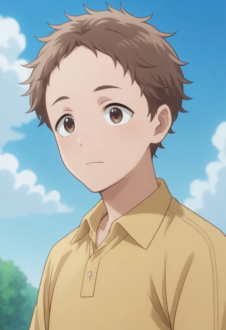 score_9, score_8_up, score_7_up, source_anime, highly detailed, 
taiyo, 1boy, male focus, brown hair, solo, ypper body, brown eyes, freckles, shirt, polo shirt, yellow shirt,
outdoor, sky,