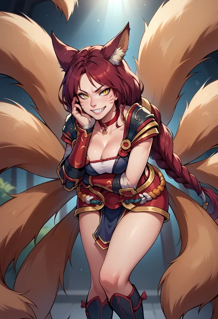 score_9,score_8_up, score_7_up, ahrifxfir, slit pupils, yellow eyes, animal ears, facial mark, fox tail, multiple tails, long hair, single braid, red hair, large breasts, hair Ornament, choker, leotard, cleavage, vambraces, pauldrons, side cutout,belt,armor, knee boots, cowboy shot, leaning forward, hand on own cheek, grin, looking at viewer, bokeh, arm under breasts, hand on own elbow, thighs, <lora:Ahri_Foxfire_pdxl_Incrs_v1:1>