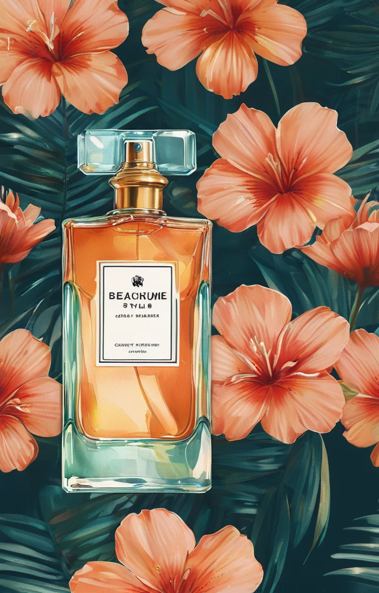 masterpiece,best quality,<lora:tbh265-sdxl:0.9>,illustration,style of Beachwear fashion A bottle of perfume in garden