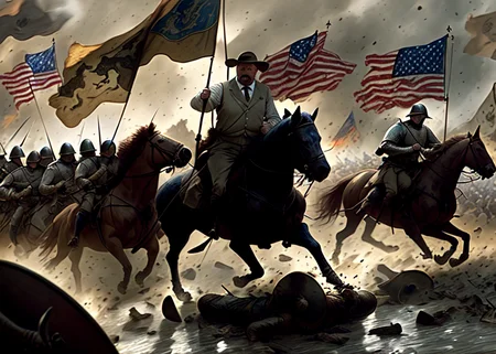 (Teddy Roosevelt)+ charging in a (medieval battle)+, detailed, cinematic lighting, wallpaper, epic composition, cavalry charge, medieval soldiers, banner flags, digital painting