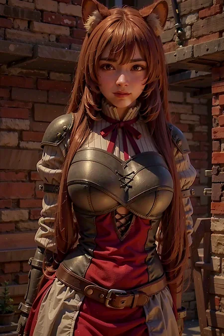 (masterpiece), best quality, ultra high res, Raphtalia, 1girl, solo, long hair, breasts, looking at viewer, smile, brown hair, red eyes, thighhighs, long sleeves, dress, holding, animal ears, very long hair, closed mouth, belt, silver metal armor, red ribbon, animal ear fluff, neck ribbon, brown gloves, breastplate, raccoon ears, raccoon tail, raccoon girl,professional lighting, photon mapping, radiosity, physically-based rendering, cinematic lighting, intricate, High Detail, Sharp focus, photorealistic