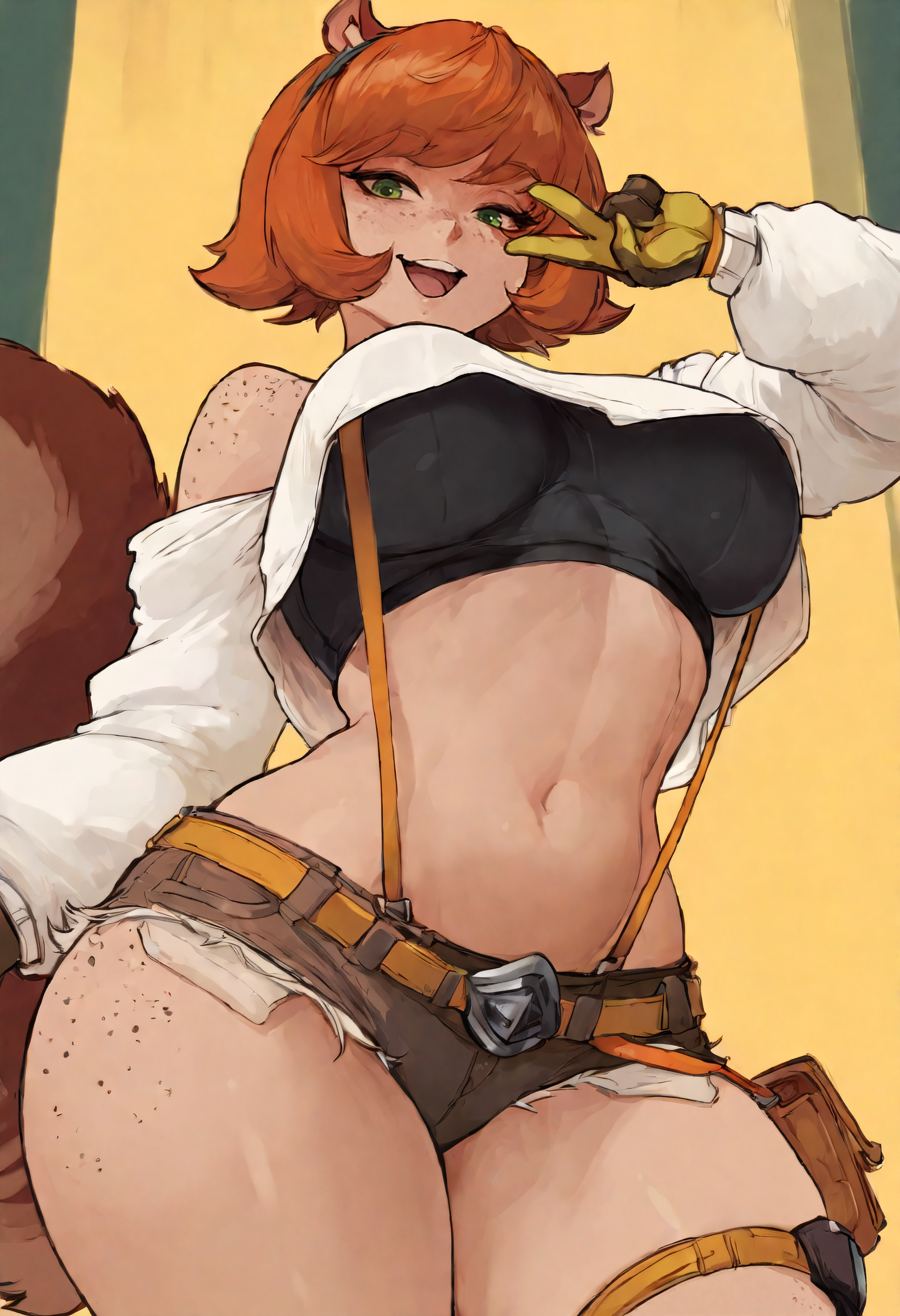 masterpiece, best quality, very aesthetic, 1girl, sqgrl, short hair, squirrel tail, freckles, body freckles, animal ears, green eyes, curvy, large breasts,alternate costume,cosplay,elgg, white shirt, bare shoulders, suspenders, black sports bra, navel, stomach, micro shorts, cutoffs, two-tone gloves, belt, thigh strap, thighs, long sleeves,looking at viewer,smile,open mouth,upper teeth only,v,from below <lora:sqgrl_n11:0.8> <lora:elegg-nikke-richy-v1_ixl:0.7>  <lora:csr_n11_t1:1>